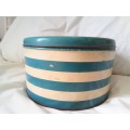 Vintage blue and white striped cake tin