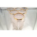 Six vintage sugar frosted gold rimmed shot glasses