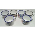 Six vintage medium sized enamel coffee mugs