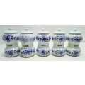 Five Vintage blue and white lidded spice jars