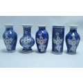Five cute mini blue and white vases