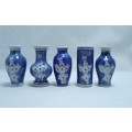 Five cute mini blue and white vases