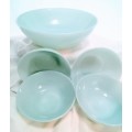 Vintage blue milk glass serving dish and 4 small bowls
