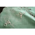 Beautiful embroidered vintage turquoise green tray cloth