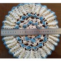 Exquisite beige and blue vintage crocheted doily - 25cms