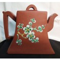 Antique Yixing Zisha Clay Teapot with Colorful Glaze Of flowers, signed.