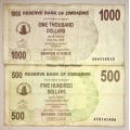 ZIMBABWE  X2 ,,,,$1000 DOLLARS & $500 DOLLARS  2007