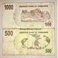 ZIMBABWE  X2 ,,,,$1000 DOLLARS & $500 DOLLARS  2007