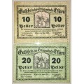 AUSTRIA SET X2,,,,20 HELLER & 10 HELLER 1920 UNC NOTGELD (EMERGENCY MONEY)