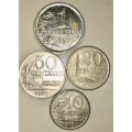 BRASIL SET X4,,,, 1 CRUZEIRO , 50 CENTAVOS 20 CEN ,10 CENTAVOS  1970(1 BID TAKES ALL)