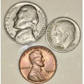 U.S.A SET,,,,1 DIME (ROOSEVELT) , 5 CENT (JEFFERSON NICKEL) & 1 CENT (LINCON ) 1966