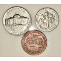 U.S.A SET,,,,1 DIME (ROOSEVELT) , 5 CENT (JEFFERSON NICKEL) & 1 CENT (LINCON ) 1966