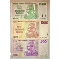 ZIMBABWE SET 50,000 DOLLARS 2008 , 1000 DOLLARS and 500 DOLLARS  2007(1 BID TAKES ALL)