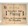 GERMANY,,1 PFENNIG STAMPED WITTEN 1919(SCARCES-)  NOTGELD (EMERGENCY MONEY)