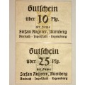 GERMANY SET,,,, 25 PFENNIG & 10 PFENNIG 1920s ND NURNBERG AUNC NOTGELD (EMERGENCY MONEY)