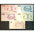 ZIMBABWE SET $10,000,000-2008, $100,000-2007, $10,000-2007,$500-2006 & $20 AA 2006(1 BID TAKES ALL)