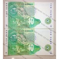 TT MBOWENI R10 IN SEQUENCE GO3505152-153 UNC 1999 FIRST ISSUE WTM RINO(1 BID TAKES ALL)