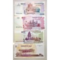 CAMBODIA SET 1000 RIELS 2007, 500 RIELS 2004, 50 RIELS & 100 RIELS 2001-2002 UNC(1 BID TAKES ALL)