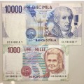 ITALY SET 10000 LIRE 1984 & 1000 LIRE 1990(1BID TAKES ALL)