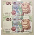 ITALY X2,,, 1000 LIRE 1990( 1BID TAKES ALL)