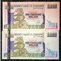 ZIMBABWE $1000 X 2,,, 2003 AUNC