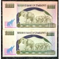 ZIMBABWE $1000 X 2,,, 2003 AUNC