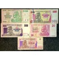 ZIMBABWE SET 50,000 DOLLARS 2008 , $500  2001, $100 1995, $20  2007  & $5  1997(1 BID TAKES ALL)