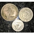S A UNION SILVER SET 1 SHILLING, 6D SIXPENCE & 3D TICKEY 1938 --80%SILVER (1 BID TAKES ALL)