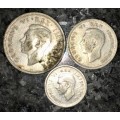 S A UNION SILVER SET 1 SHILLING, 6D SIXPENCE & 3D TICKEY 1938 --80%SILVER (1 BID TAKES ALL)