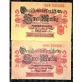 GERMANY 2 MARK 1914 DARLEHNSKASSENSCHEIN AUNC 2 DIFFERENT COLOURS (1 BID TAKES ALL)