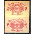 GERMANY 2 MARK 1914 DARLEHNSKASSENSCHEIN AUNC 2 DIFFERENT COLOURS (1 BID TAKES ALL)