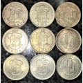 S A UNION & R S A  SILVER SET 1952,53,54,55,59,60,61,62,64 --2 SHILLINGS & 20 CENT(1 BID TAKES ALL