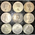 S A UNION & R S A  SILVER SET 1952,53,54,55,59,60,61,62,64 --2 SHILLINGS & 20 CENT(1 BID TAKES ALL
