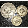 MOZAMBIQUE/PORTUGAL SILVER SET 20 ESCUDOS 1955, 5 ESCUDOS 1960 & 2 1/2 ESCUDOS 1950 -- SILVER .720