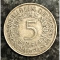 GERMANY SILVER 5 MARK  D 1951 -  62.50%SILVER