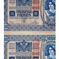 AUSTRIA 1000 KRONEN IN SEQUENCE 28990-991--STAMPED DEUTSCHES REICH--1902 BIG NOTES(1 BID TAKES ALL)