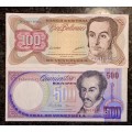 VENEZUELA 500 BOLIVARES & 100 BOLIVARES 1998 UNC (1 BID TAKES ALL)