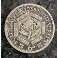 S A UNION SILVER 6D SIXPENCE --1938 --80%SILVER