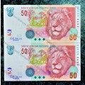 GILL MARCUS R50 IN SEQUENCE BK9157255-256 UNC 1ST ISSUE 2009(LION WATERMARK) (1 BID TAKES ALL)