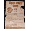 U S A LINCOLN - KENNEDY COMMEMORATE PENNY WITH ORIGINAL INFO LEAFLET 1974 COLLECTORS ITEM