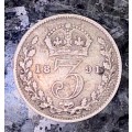 GREAT BRITAIN SILVER 3 PENCE 1891 STERLING SILVER