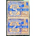 SOUTH AFRICA PETROL RATION COUPONS SET 5 GALLONS  & 2 GALLONS MARCH 1946 -- STAMPED --