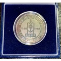 SOUTH AFRICA PROOF SILVER R1 -- 1988 -- LES HUGUENOT 1688-1988 NICE TONING IN SA MINT BOX & CAPSULE