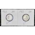 SOUTH AFRICA SILVER SET 5 CENT 1962 & 1963 IN COIN FLIP(1 BID TAKES ALL)