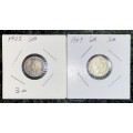 S A UNION SILVER SET 3D THREEPENCE 1935 & 1947 -- IN COIN FLIP 80% SILVER(1 BID TAKES ALL)