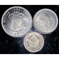 SOUTH AFRICA SILVER SET - 20 CENT - 10 CENT - 5 CENT 1964 -- HIGH GRADE COINS -- ( 1 BID TAKES ALL)