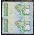 GPC DE KOCK R10 IN SEQUENCE DH4229545-544 UNC 3RD ISSUE 1985(1 BID TAKES ALL)