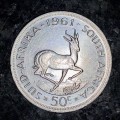 SOUTH AFRICA SILVER 50 CENT 1961 MINTAGE ONLY 54746 VERY GOOD CONDITION SILVER CROWN SIZE