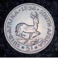 S A UNION SILVER 5 SHILLINGS 1954 MINTAGE ONLY 17040 VERY GOOD CONDITION SILVER CROWN