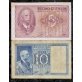 ITALY SET 10 LIRE 1939 & 5 LIRE 1944 WW2 (1 BID TAKES ALL)
